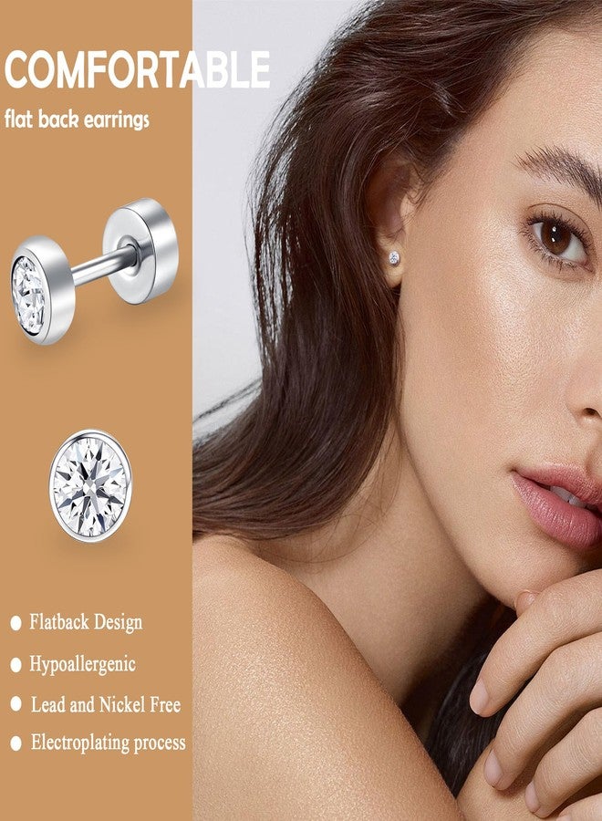 ZDE Titanium Women Flatback Earrings for Women Crystal Gold Stud Earrings Flat Back Earrings Hypoallergenic Cartilage Earring Helix Tragus Conch Piercing 3mm-5mm (Crystal-Silver, 5MM) - Image 3